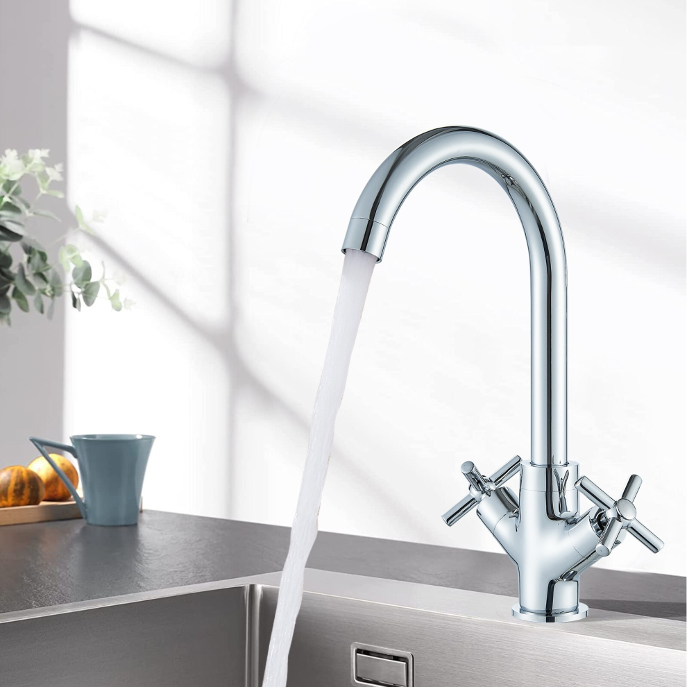 Modern Kitchen Sink Mixer Taps Swivel Spout Twin Lever Tap Mono Faucet Chrome 43117185
