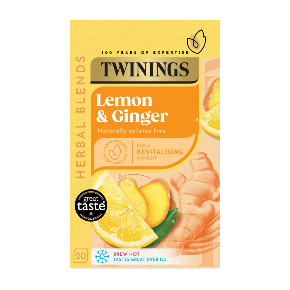 Twinings Lemon And Ginger Flavoured Tea - 80 Biodegradable Bags (Multipack Of 4 X 20), Caffeine-Free Herbal Tea With Zesty Lemon & Spicy Ginger