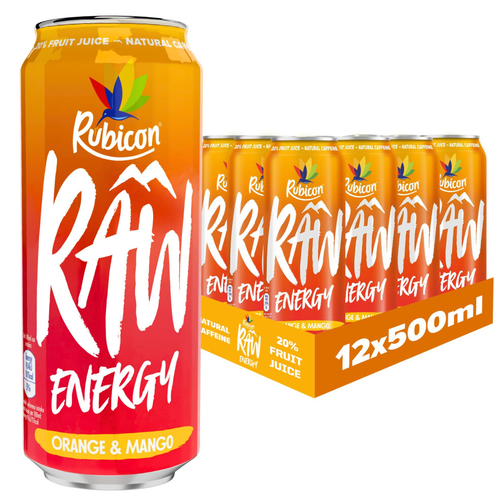 Rubicon Raw 12 Pack & Mango 500Ml Energy Drink, 20% Real Fruit Juice, High Caffeine With B-Vitamins, Ginseng & Guarana, No Artificial Colours Orange