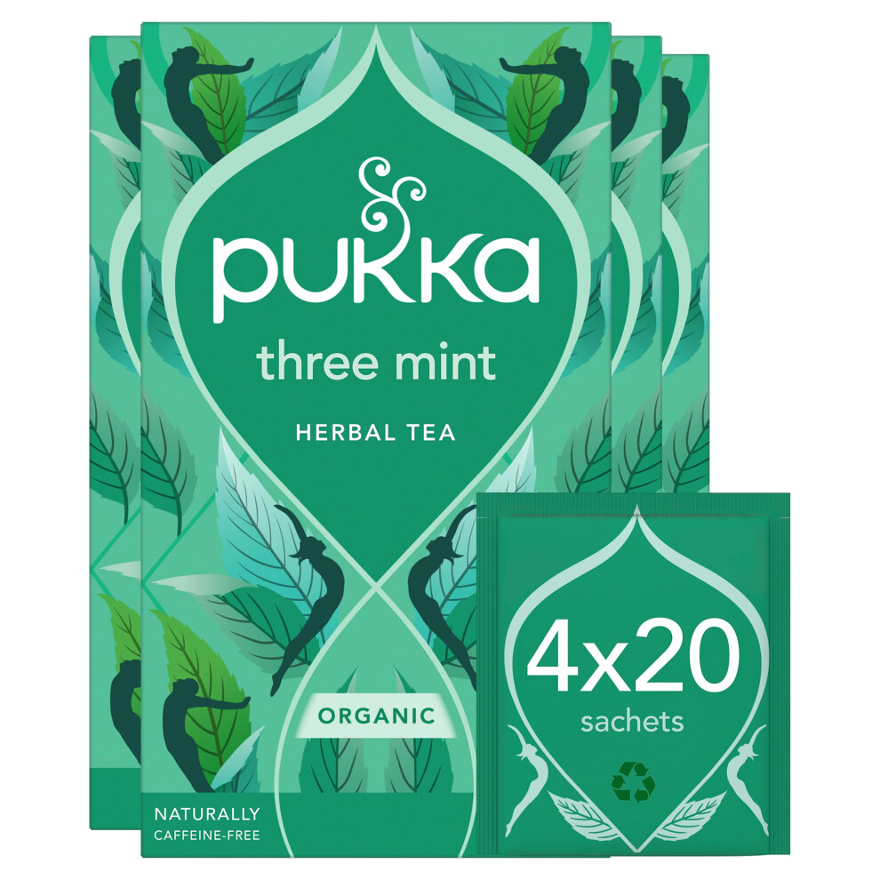 Pukka Herbs | Three Mint Organic Herbal Tea Box | Tea Infusion With Spearmint, Peppermint, Fieldmint | Ideal For Digestion | Sleep Tea | Caffeine Free