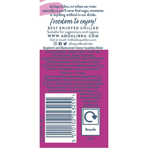 AQUA LIBRA Raspberry & Blackcurrant 330ML, Pack of 12 1