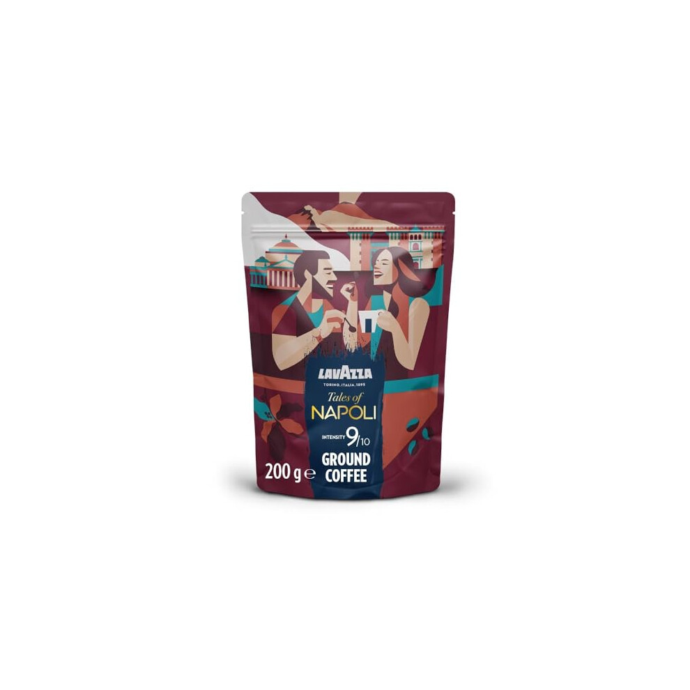 Lavazza , Tales Of Napoli, Coffee Ground, Ideal For Moka Pots, With Aromatic Notes Of Cocoa And Caramel, Arabica And Robusta, Intensity 9/10, Dark