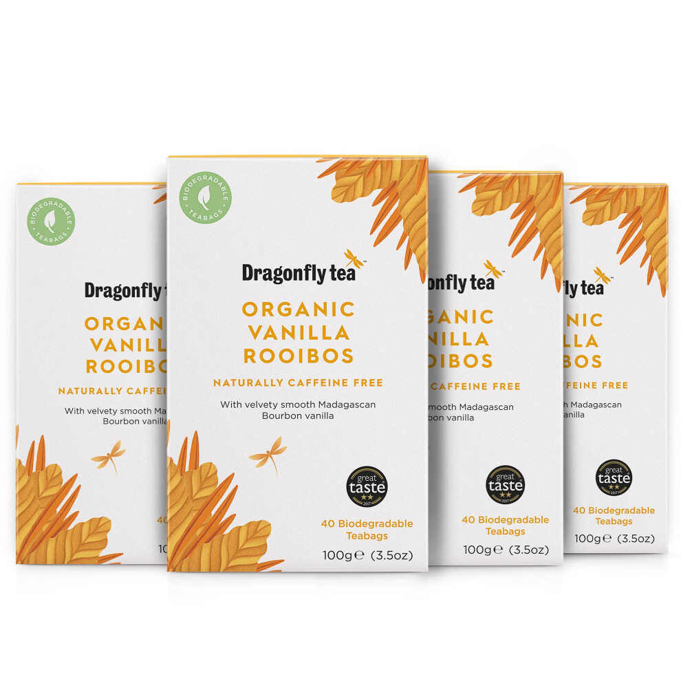 Dragonfly Organic Vanilla Rooibos Tea Bags, Pack Of 4 X 40 (160 Teabags) Herbal Tea Bags, Caffeine-Free, Redbush Teabags, Biodegradable, Red Bush