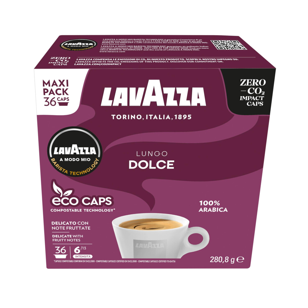 Lavazza A Modo Mio Lungo Dolce, 36 Coffee Capsules, With Aromatic Notes Of Dried Fruits, For A Sweet Espresso, 100% Arabica, Intensity 6/13, Medium