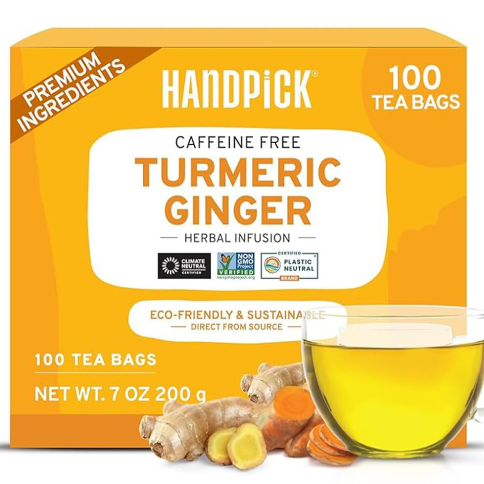 Handpick , Turmeric Ginger Tea Bags - 100 Herbal Tea Bags | Caffeine Free, Gluten Free | Made From 100% Pure Turmeric & Ginger Root | Curcumin | Packed