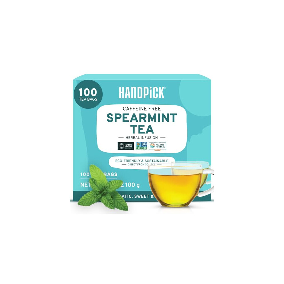 Handpick , Spearmint Tea Bags (100 Count) Non-Gmo, 100% Pure Spearmint Leaf Tea Bags Certified By Tea Board Of India | Round Eco-Conscious Teabags