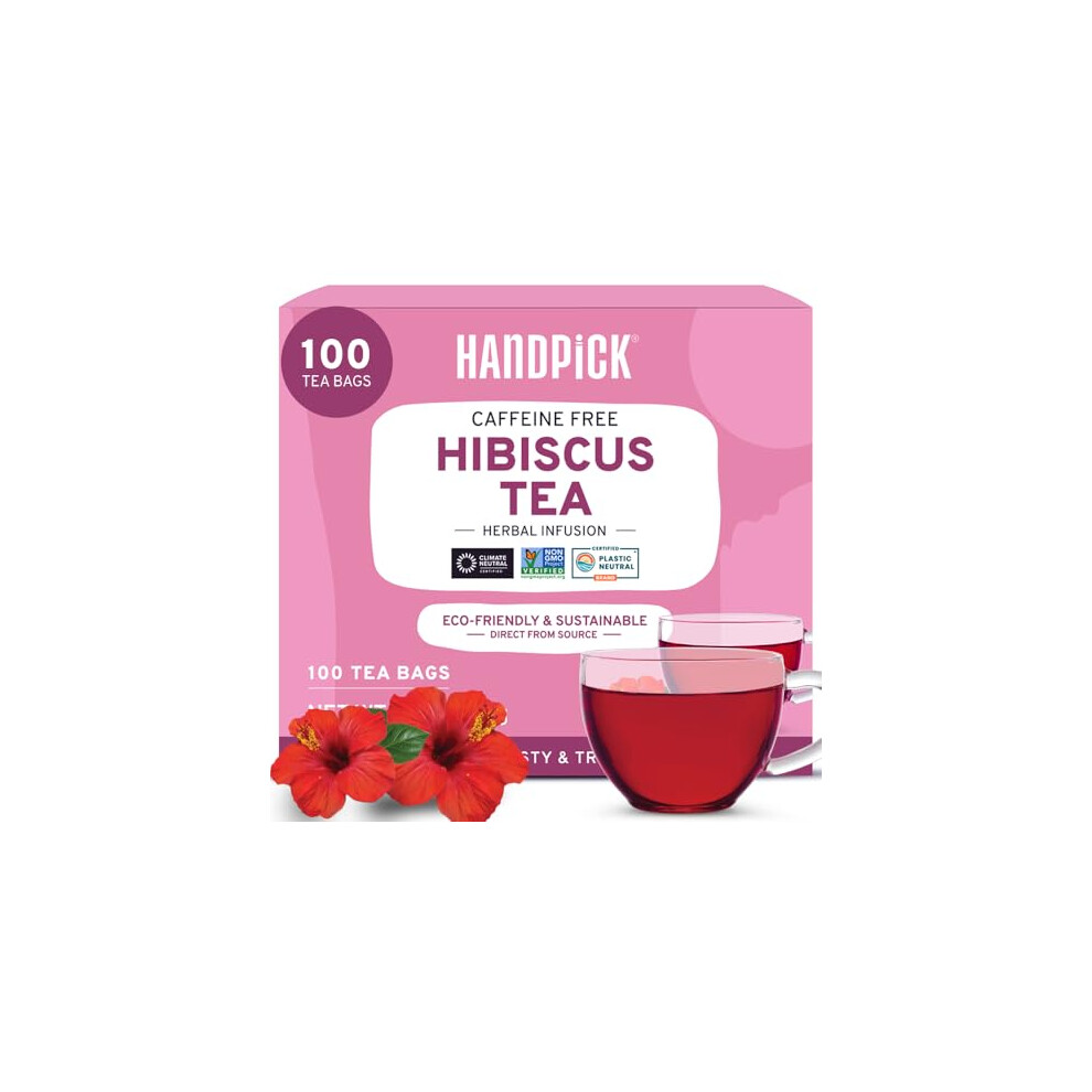 Handpick , Hibiscus Tea Bags - 100 Count | 100% Pure Ingredients- Hibiscus Flowers | Brew Hot, Iced Tea Or Kombucha Tea | Round Herbal Tea Bags