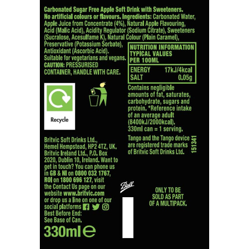 Tango Apple Sugar Free, 330ml, Pack of 24 1