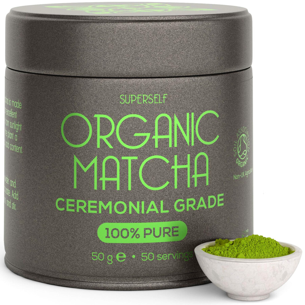Superself Organic Matcha Powder - Ceremonial Grade & 100% Pure - Gift Tin 50G - Smooth Taste & Vibrant - Macha For Straight Tea, Lattes, Baking Green