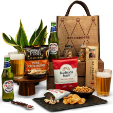 Beer and Pub Snacks Hamper Jute Bag - Gift Hamper with Peroni Lager, Pork Scratchings, and More Pub Snacks ? Birthday Gift, Food Hamper, Beer Hamper