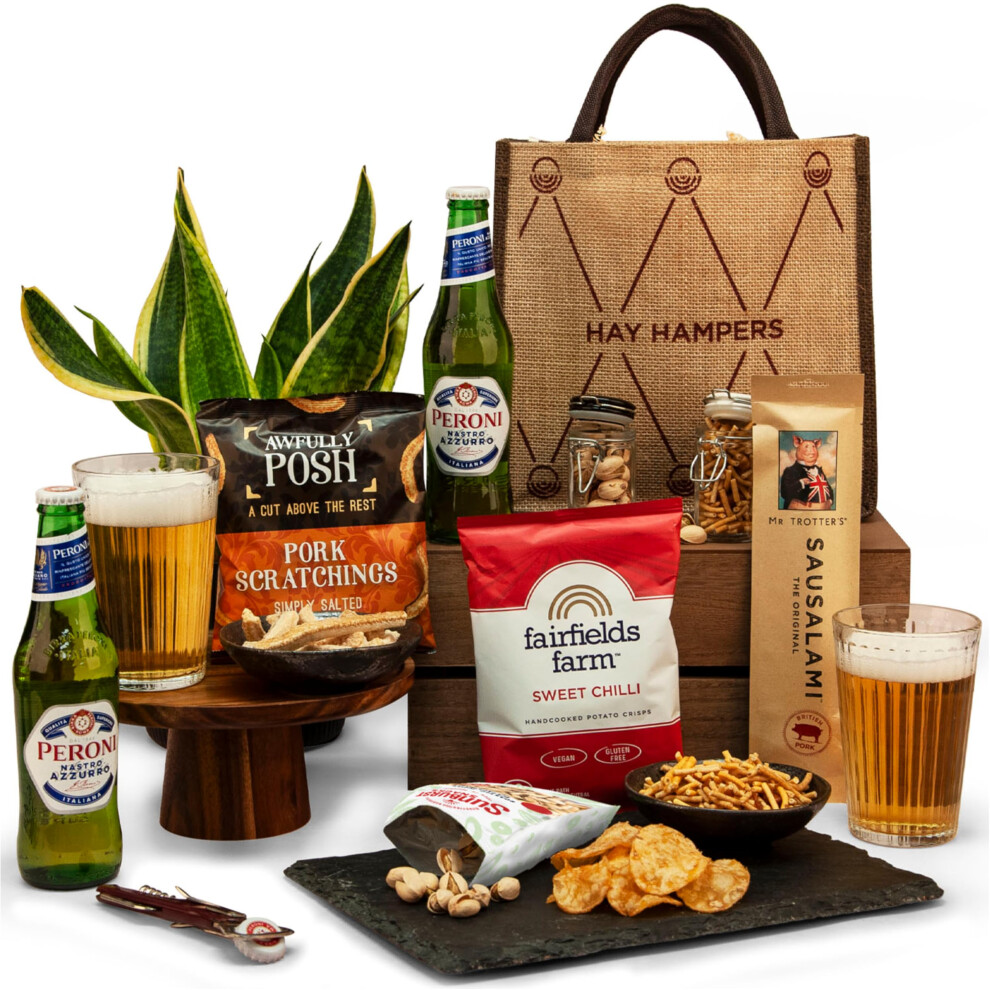 Beer and Pub Snacks Hamper Jute Bag - Gift Hamper with Peroni Lager, Pork Scratchings, and More Pub Snacks ? Birthday Gift, Food Hamper, Beer Hamper