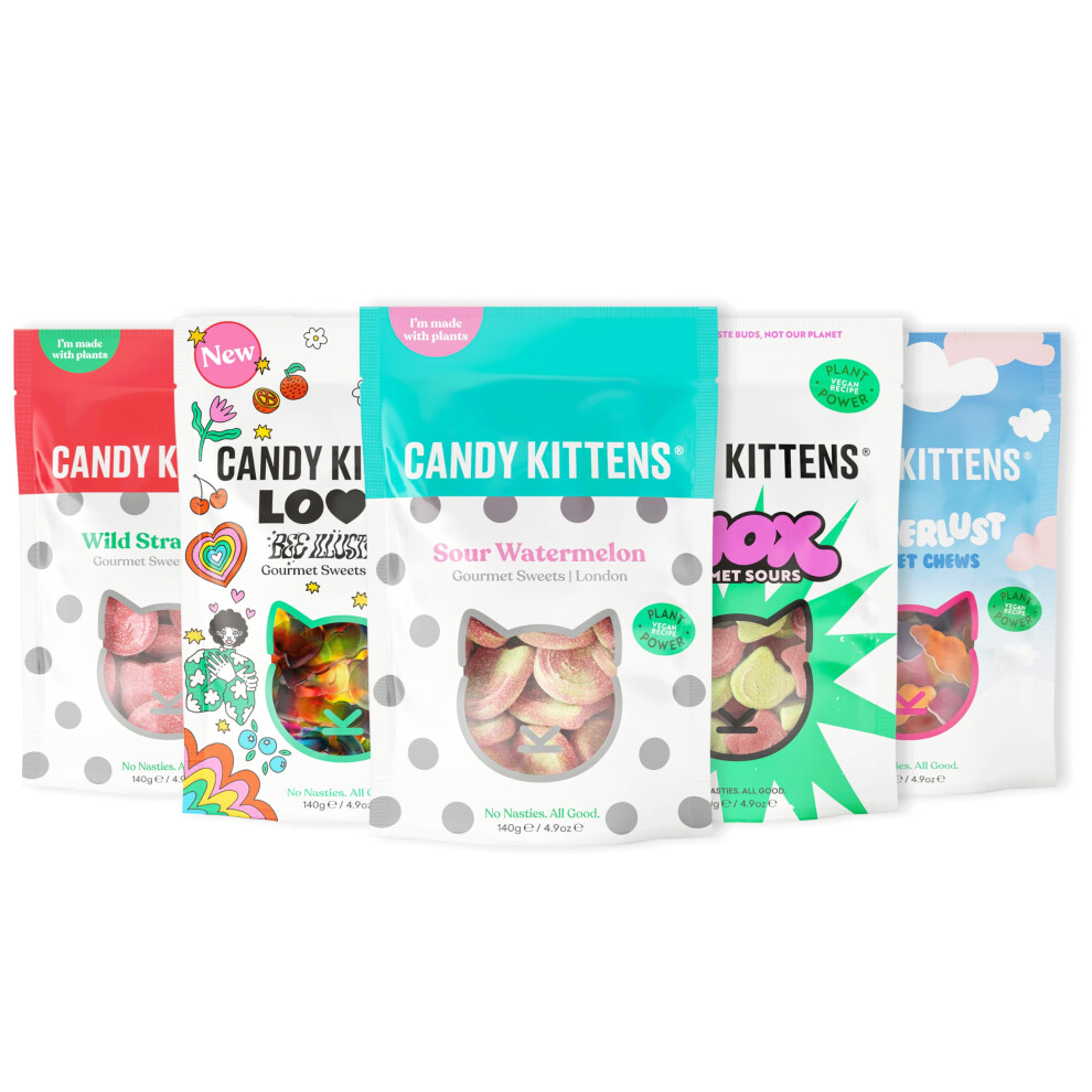 Candy Kittens Vegan Sweets Discovery Selection (5 X 140G), Vegan Chewy Sweets Bundle - 5 Packs - Wild Strawberry, Sour Watermelon, Shox, Wanderlust &