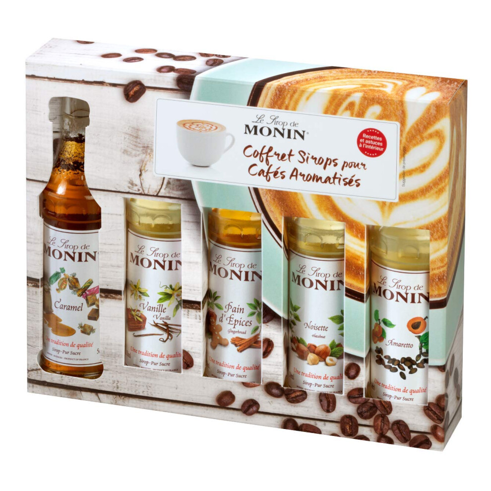 Monin Coffee Syrup Gift Set 5X5cl. 1X Vanilla, 1X Caramel, 1X Hazelnut, 1X Amaretto, 1X Gingerbread Syrup For Coffee. Perfect For Flavoured Coffees,