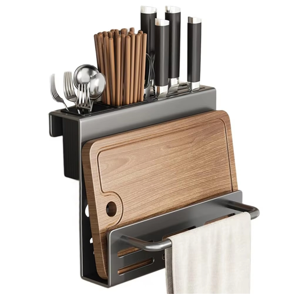 Étagère de rangement multifonctionnelle pour cuisine avec porte-épices et porte-couteaux, seau à baguettes, accessoires de cuisine essentiels