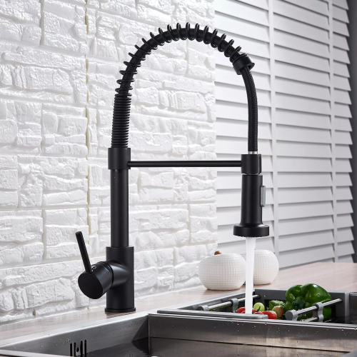 Matt Black Monobloc Kitchen Sink Mixer Tap with Pull-Out Hose Spray - UK001, Single Lever, Brass