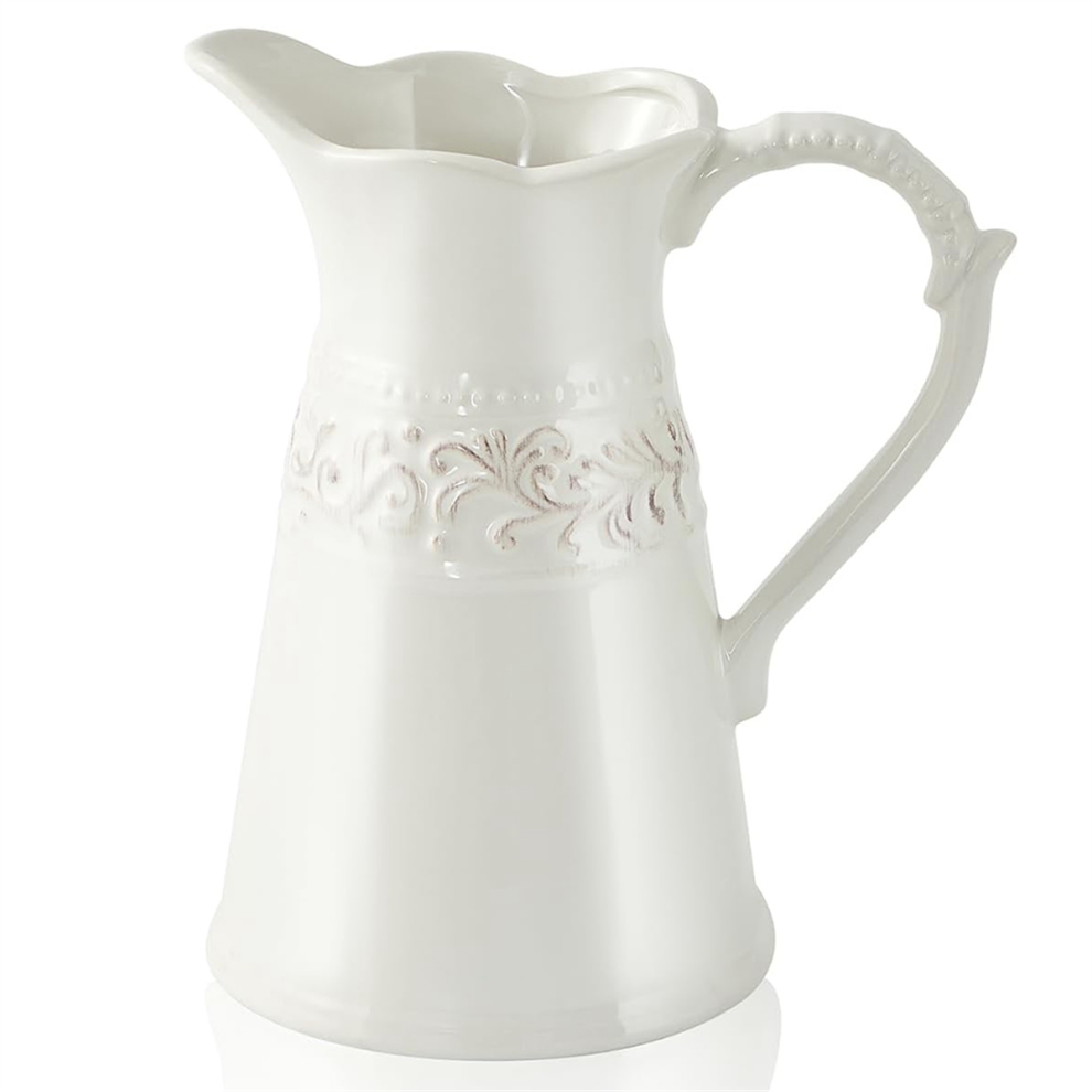 White Ceramic Pitcher Vase, Flower Vase Pitcher,Farmhouse Vase for Home Decor, 8.5inch Jug Vase. for Home Decoration