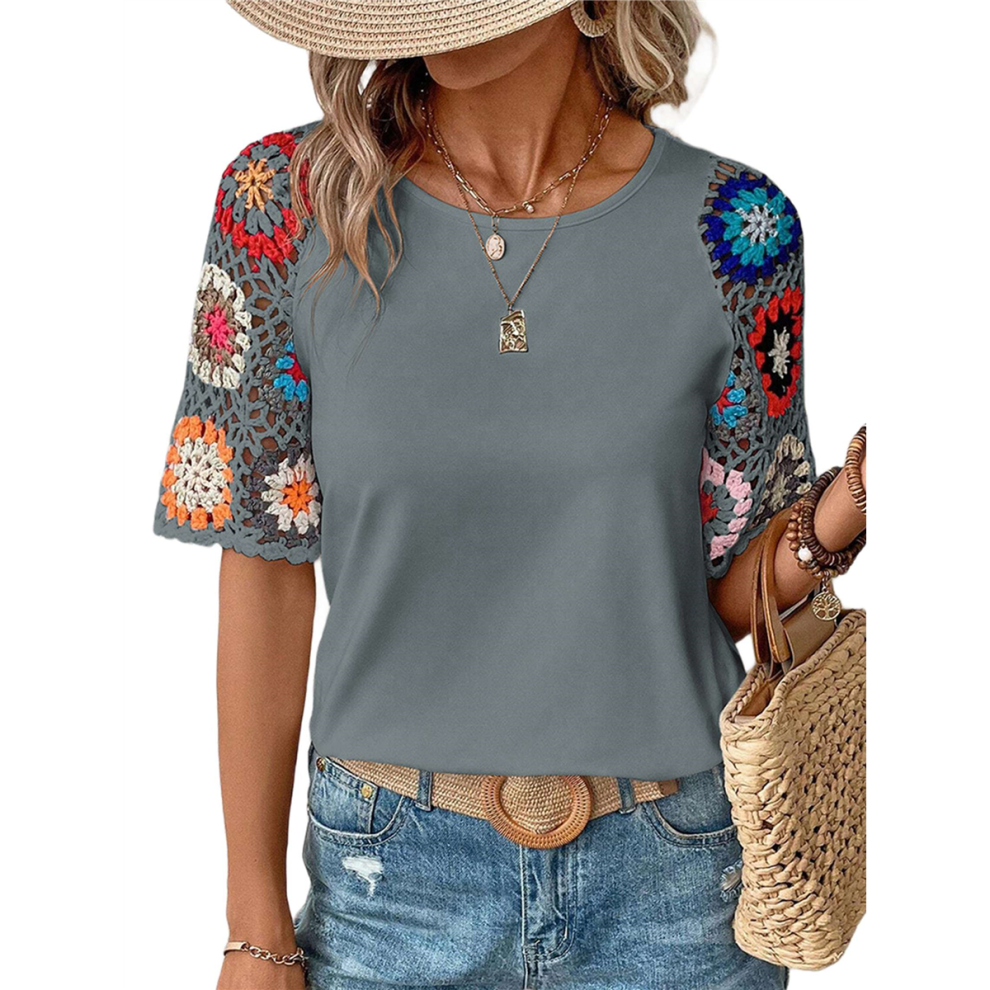 Chemise à manches courtes et col rond en crochet gris-bleu L