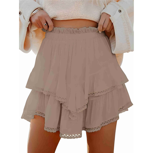 Boho Rüschen Stufen-Skorts Hohe Taille Miniröcke Khaki L 2