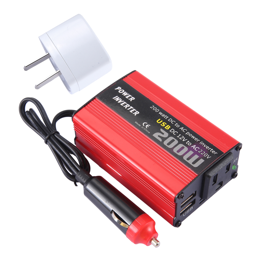 Onduleur de voiture 200 W, convertisseur DC 12 V vers AC 220 V, double chargeur USB, booster de puissance pour voiture - Rouge