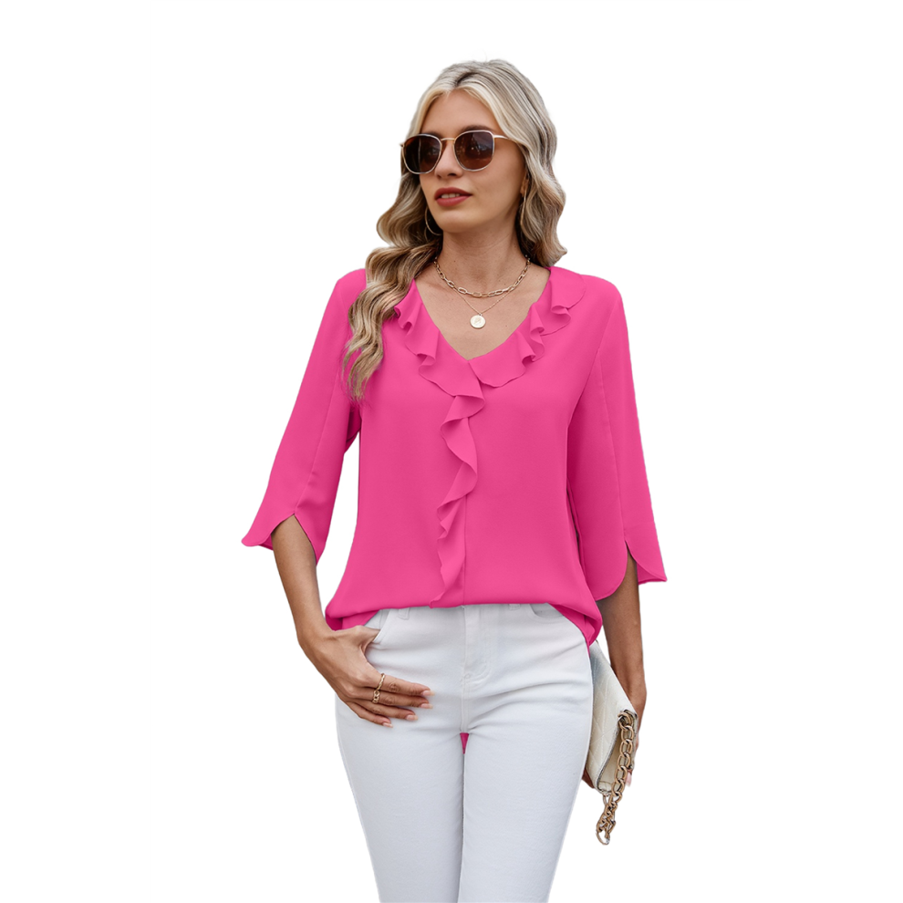 Blusas Casuales Elegantes Para Mujer, Mangas 3/4, Cuello En V, Volantes, Color Rosa Y Rojo, Talla L-image