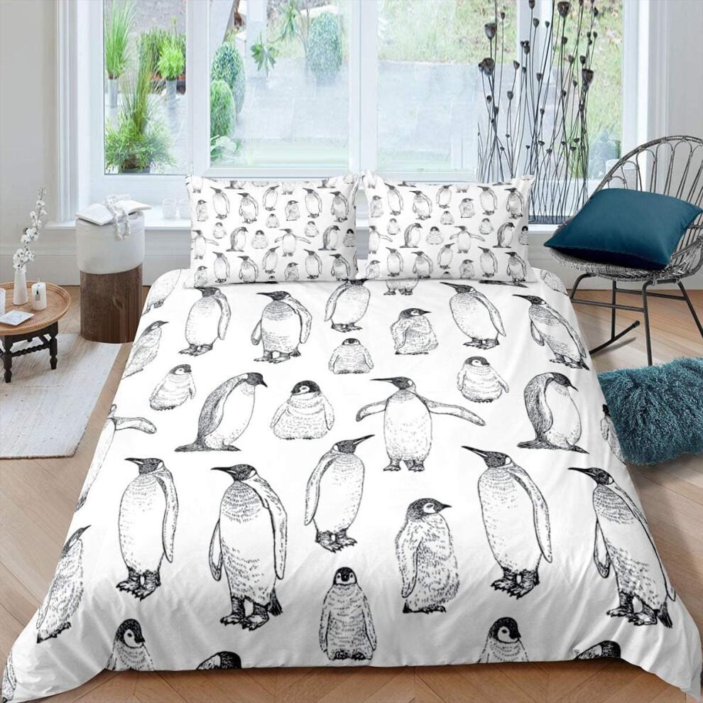 ((No Comforter)) Penguin Duvet Cover Double Size Antarctic Animal Comforter Cover For Kids Room Boys Girls Teens Winter Theme Funny Penguin Print Bedding Set Kawaii Ul
