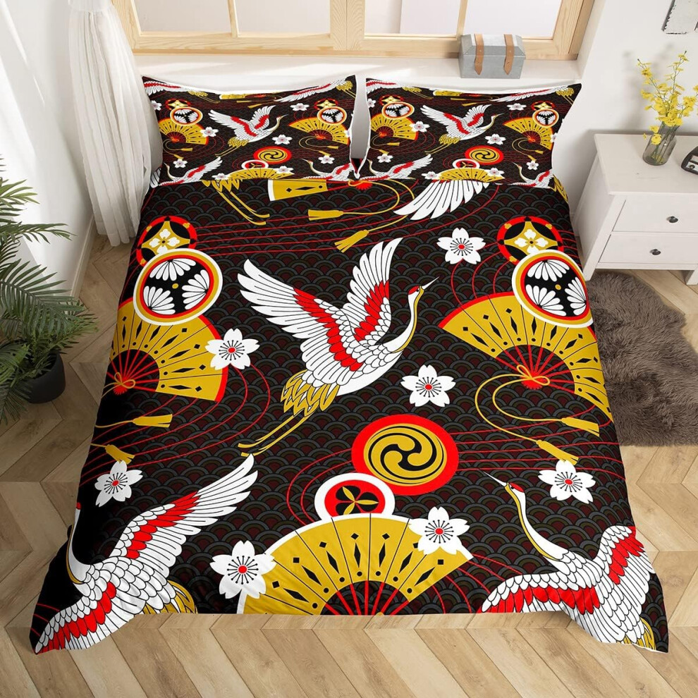 ((No Comforter)) Japanese Style Comforter Cover Double Japan Crane Cherry Blossoms Bedding Set Traditional Japanese Fans Duvet Cover For Kids Gir Gold