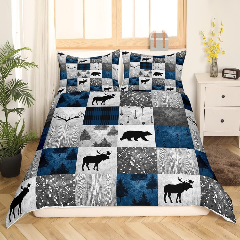 ((No Comforter)) Bear Comforter Cover Double For Teens Boys Buffalo Plaid Check Duvet Cover Cabin Lodge Home Decor Wild Animal Elk Antler Pattern Soft Bedding Set Chri