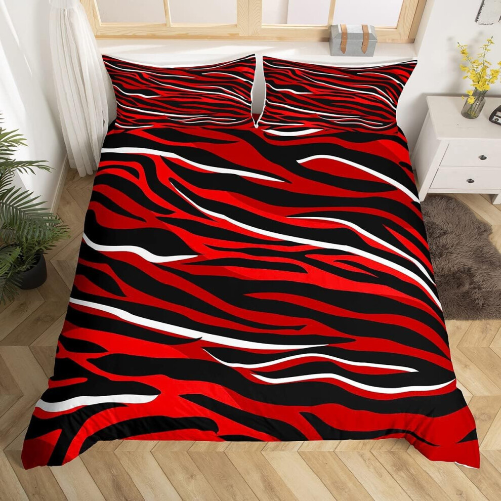 ((No Comforter)) Zebra Print Comforter Cover Double Red Black White Stripes Bedding Set Wild Animal Zebra Duvet Cover For Kids Boys Girls Teens Men Wildlife Skin Bedsp