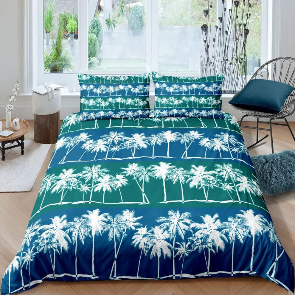 ((No Comforter)) Plam Tree Comforter Cover Double Size Green Blue Tropical Botanical Leaf Bedding Set Ocean Beach Coastal Duvet Cover For Kids Boys Girls Teens Hawaiia