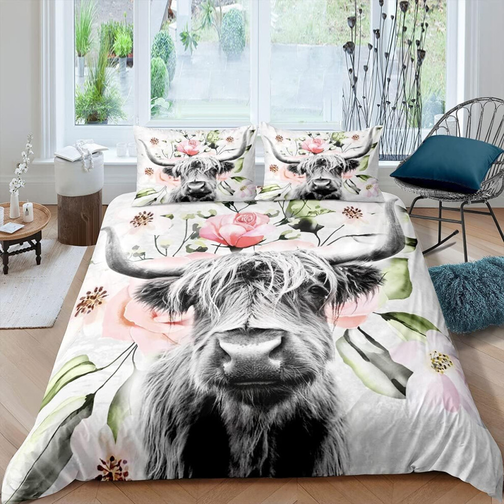 ((No Comforter)) Highland Cattle Comforter Cover Double Size Cute Cow Flower Duvet Cover Bull Cattle Bedding Set For Kids Boys Teens Western Cowboy Bedspread Cover Bed