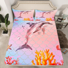 (Light Pink, Double(No Comforter)) Homewish Kids Bedding Set Double for Boys Girls Dolphin Fitted Sheet, Cute Dolphin Underwater Animal Theme Sheets Marine Life Sea Animal Print Bed