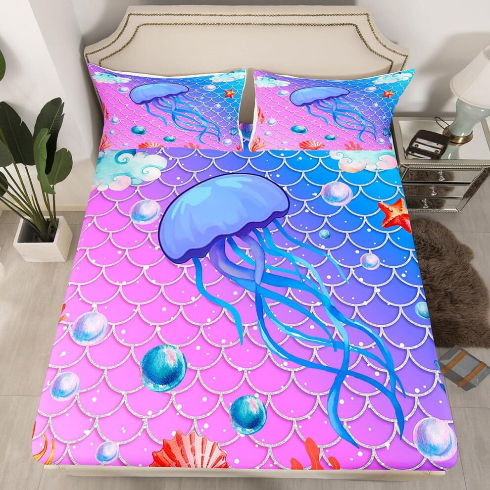 (Purple Blue, Double(No Comforter)) Homewish Kids Bedding Set Double for Boys Girls Dolphin Fitted Sheet, Cute Dolphin Underwater Animal Theme Sheets-image-OPC-PGPK5ZR-NEW