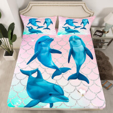 (Green, King(No Comforter)) Homewish Kids Bedding Set Double for Boys Girls Dolphin Fitted Sheet, Cute Dolphin Underwater Animal Theme Sheets Marine Life Sea Animal Print Bed
