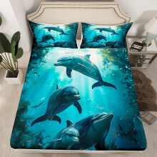 (Teal, King(No Comforter)) Homewish Kids Bedding Set Double for Boys Girls Dolphin Fitted Sheet, Cute Dolphin Underwater Animal Theme Sheets Marine Life Sea Animal Print Bed