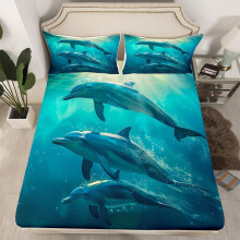 (Teal Blue, Single(No Comforter)) Homewish Kids Bedding Set Double for Boys Girls Dolphin Fitted Sheet, Cute Dolphin Underwater Animal Theme Sheets Marine Life Sea Animal Print Bed