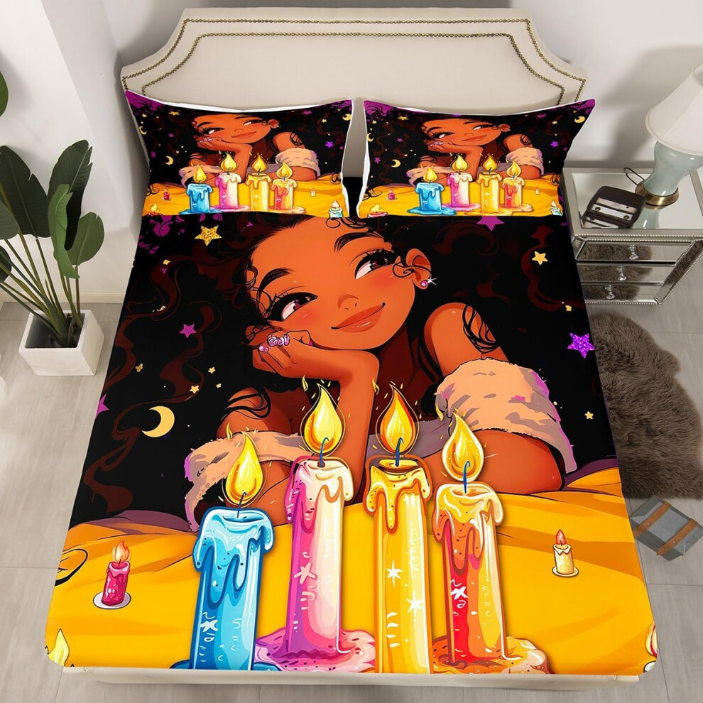 (Multi 01, Double(No Comforter)) Black Hair Girls Fitted Sheet Cartoon Unicorn Double Bed Sheets for Girls,American African Kids Sheets Cute Afro Melanin Princess Bedding Set,Magical
