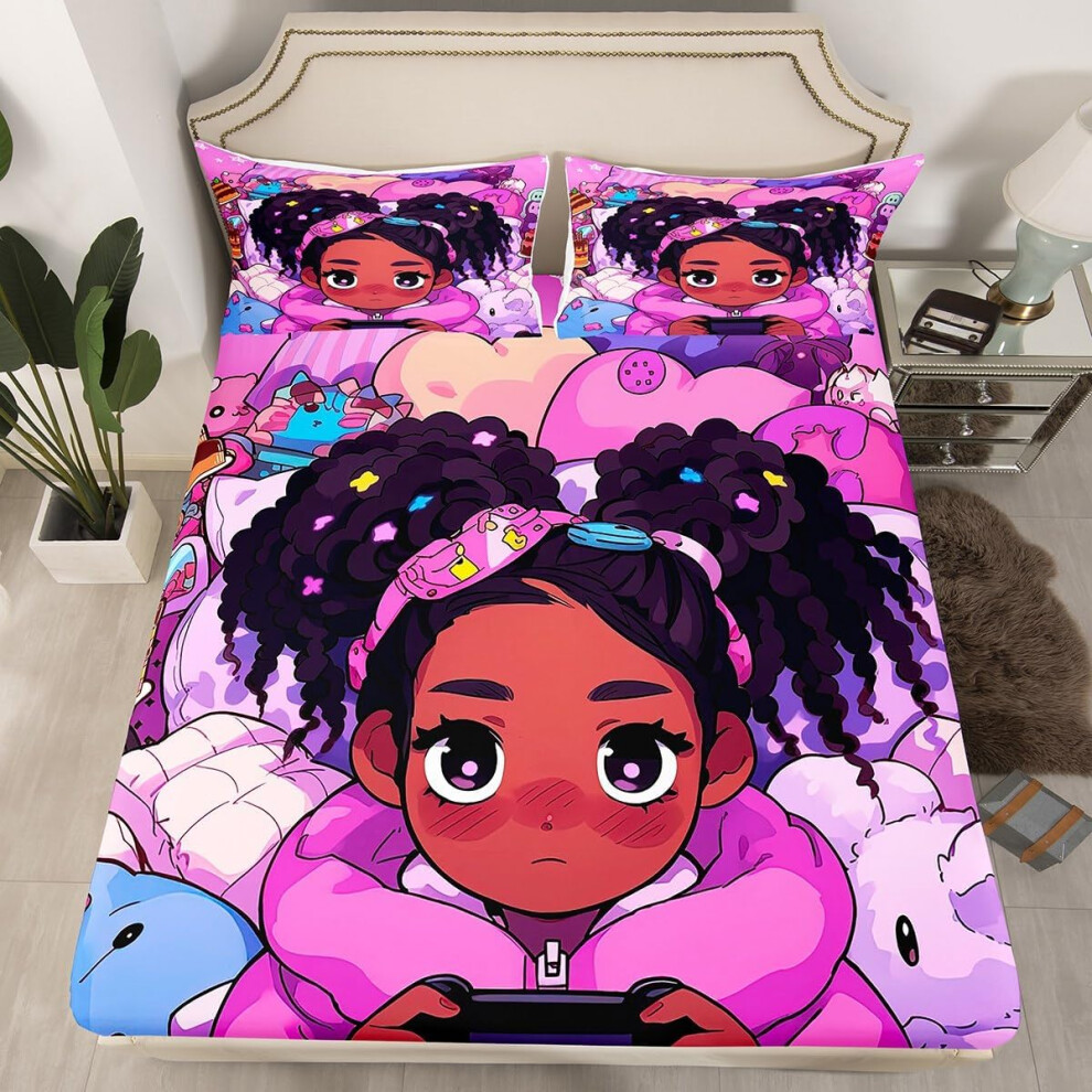 (Multi 19, King(No Comforter)) Black Hair Girls Fitted Sheet Cartoon Unicorn Double Bed Sheets for Girls,American African Kids Sheets Cute Afro Melanin Princess Bedding Set,Magical