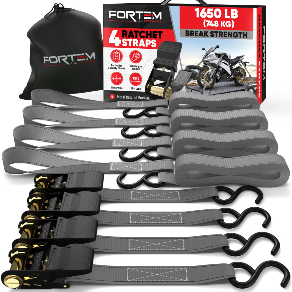 Fortem Cinghie A Cricchetto, Resistenza Fino A 748 Kg, Set Da 4 Cinghie Di Fissaggio Da 4,57 M, 4 Maniglie Morbide, Cinghie Fissaggio Per Moto, Ganci In Metallo Rivestiti, Custodia Inclusa (Grigio)-image