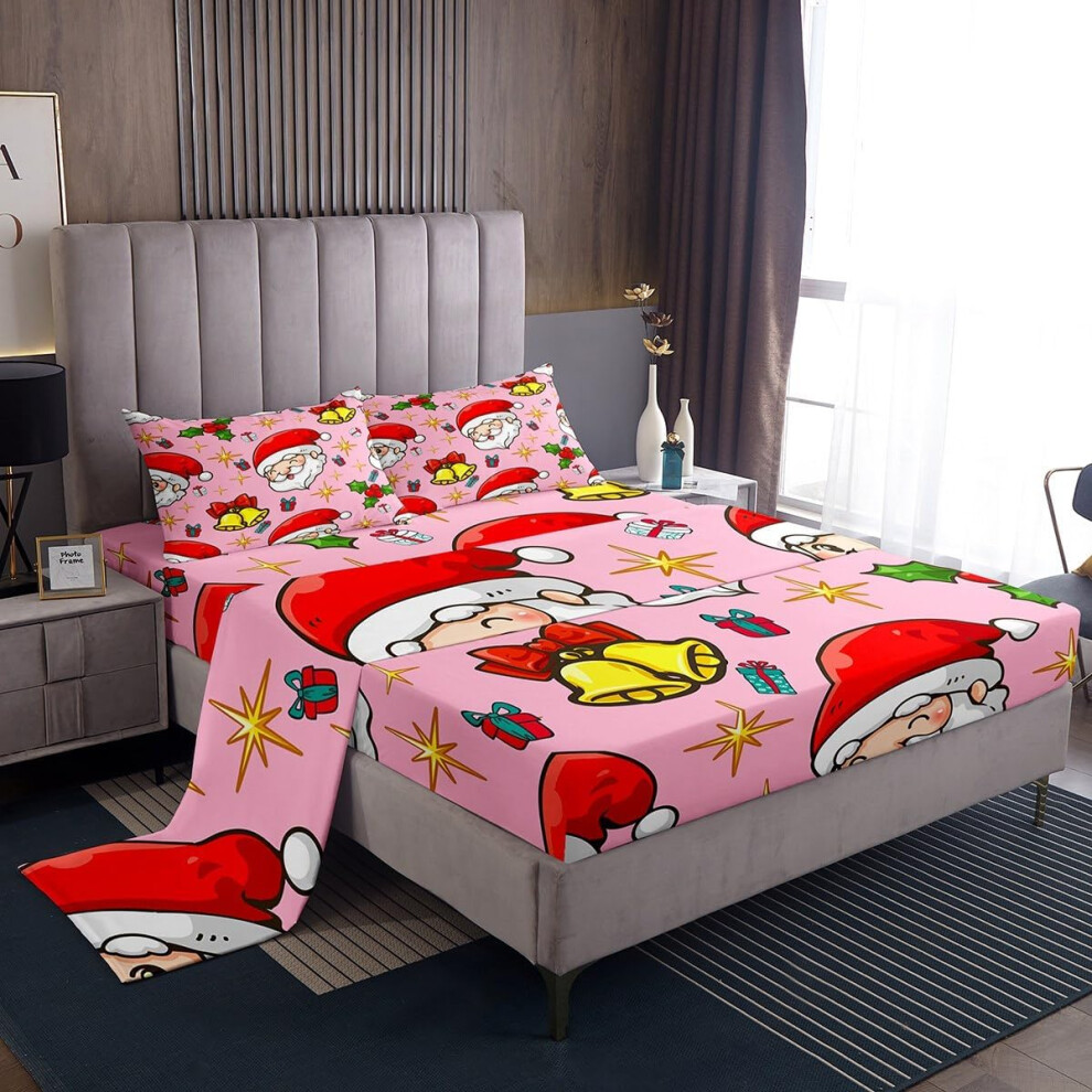 (Multi 01, Double(No Comforter)) Homewish Santa Claus Sheet Set Cartoon Christmas Tree Print Bed Sheets Set Double for Boys Girls Adults, Xmas Father Christmas Sheets Bedroom