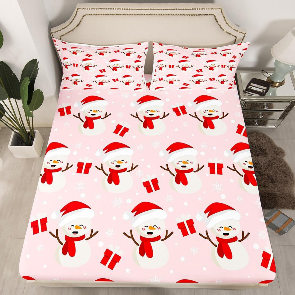 (Multi 03, King(No Comforter)) Cartoon Snowman Double Sheets Snowflake Christmas Tree Print Bed Sheets Kawaii Xmas Gifts Decor Fitted Sheet for Girls-image-OPC-PGPK9KR-NEW