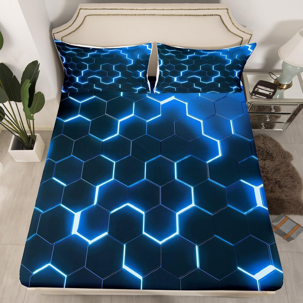 (Multi 09, King(No Comforter)) Turquoise Bed Sheets Double Geometric Fitted Sheet for Kids Boys Teen Men,Teal Stereoscopic Hole Bedding Set Abstract G