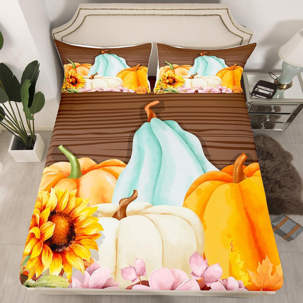 (Multi 07, Double(No Comforter)) Homewish Happy Fall Theme Fitted Sheet Double Pumpkin Decor Bed Sheets, Sunflower Gifts Festival Bed Set Essentials Vintage Wooden Barn Door Sheets