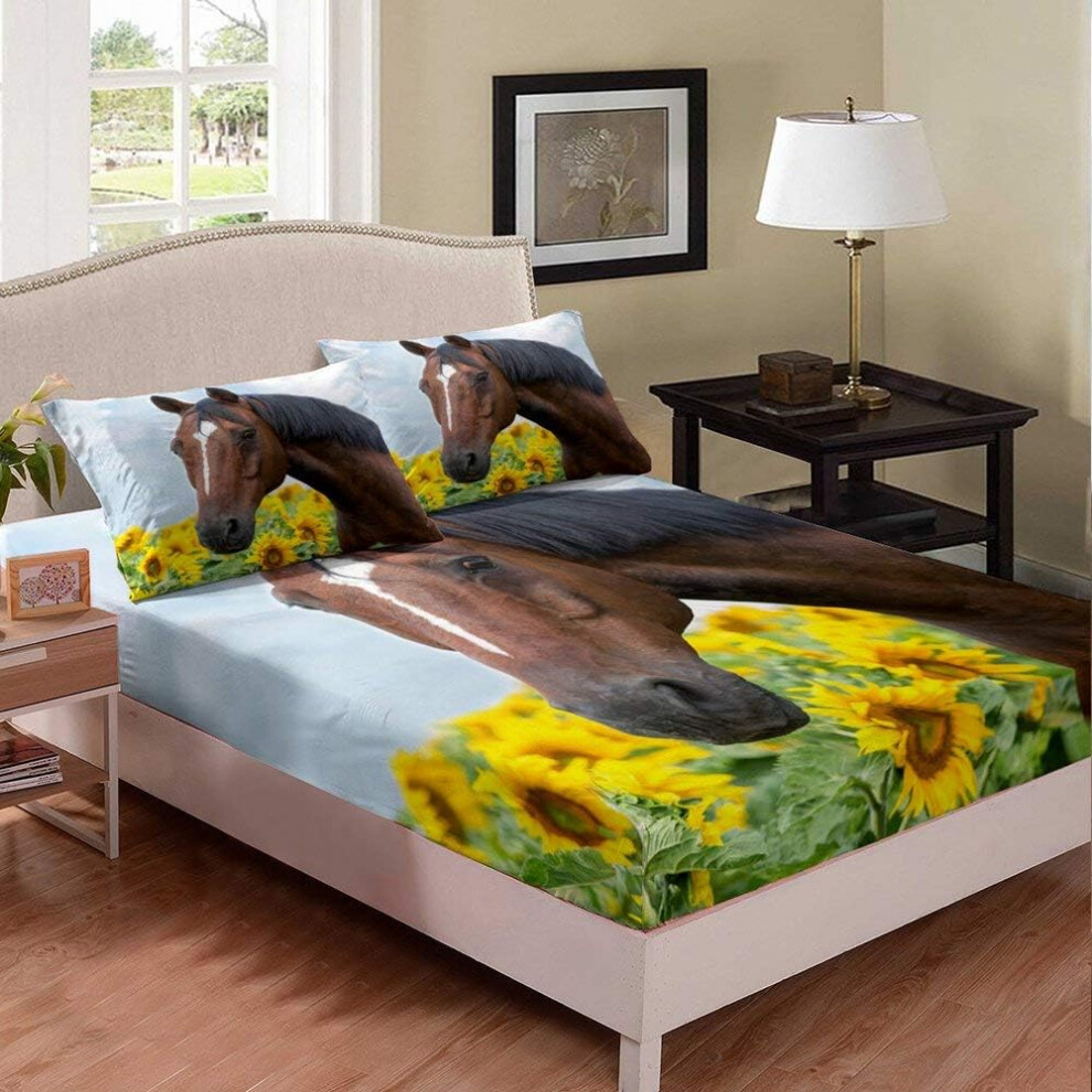 (Multi 01, Double(53"x79")(No Comforter)) Horse Fitted Sheet & Pillow Sham Set Colorful Galloping Horse Oil Painting Style Western Cowboy Theme Fitted Bed Sheets,Boys Home Decoration