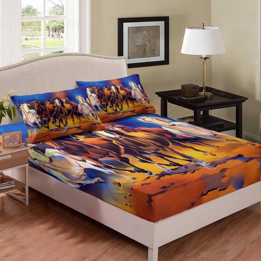 (Multi 03, Double(53"x79")(No Comforter)) Horse Fitted Sheet & Pillow Sham Set Colorful Galloping Horse Oil Painting Style Western Cowboy Theme Fitted