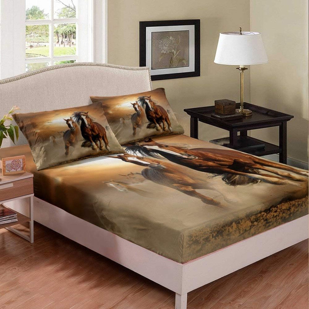 (Multi 04, King(59"x79")(No Comforter)) Horse Fitted Sheet & Pillow Sham Set Colorful Galloping Horse Oil Painting Style Western Cowboy Theme Fitted B