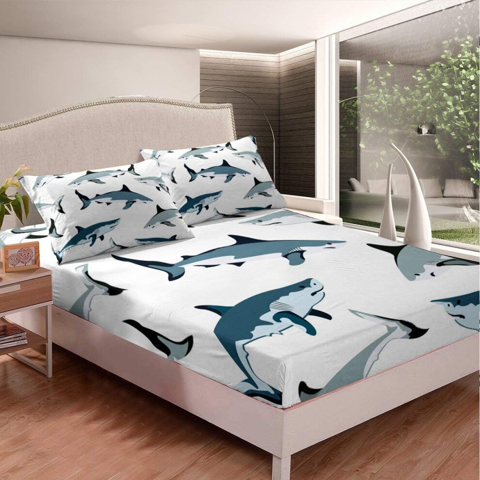 ((No Comforter)) Homewish Shark Fitted Sheet & Pillow Sham Set,Cartoon Shark 3 Piece Bedding Decor Set for Kids Boys Underwater World Oasis Fitted Bed