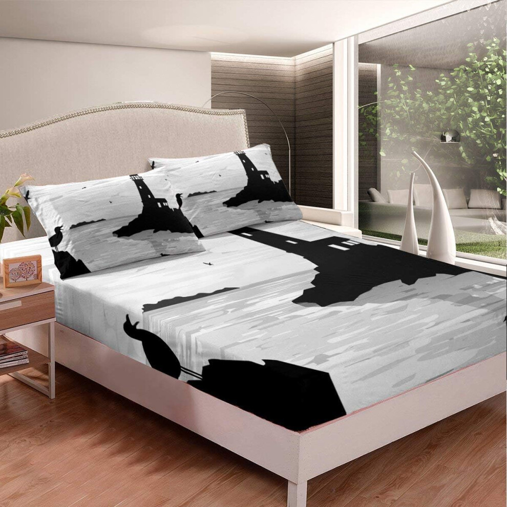 ((No Comforter)) Homewish Lighthouse Bedding Decor Set Nautical Fitted Sheet & Pillow Sham Set Double Size Coastal Nature Theme Bedding sets Seagull S