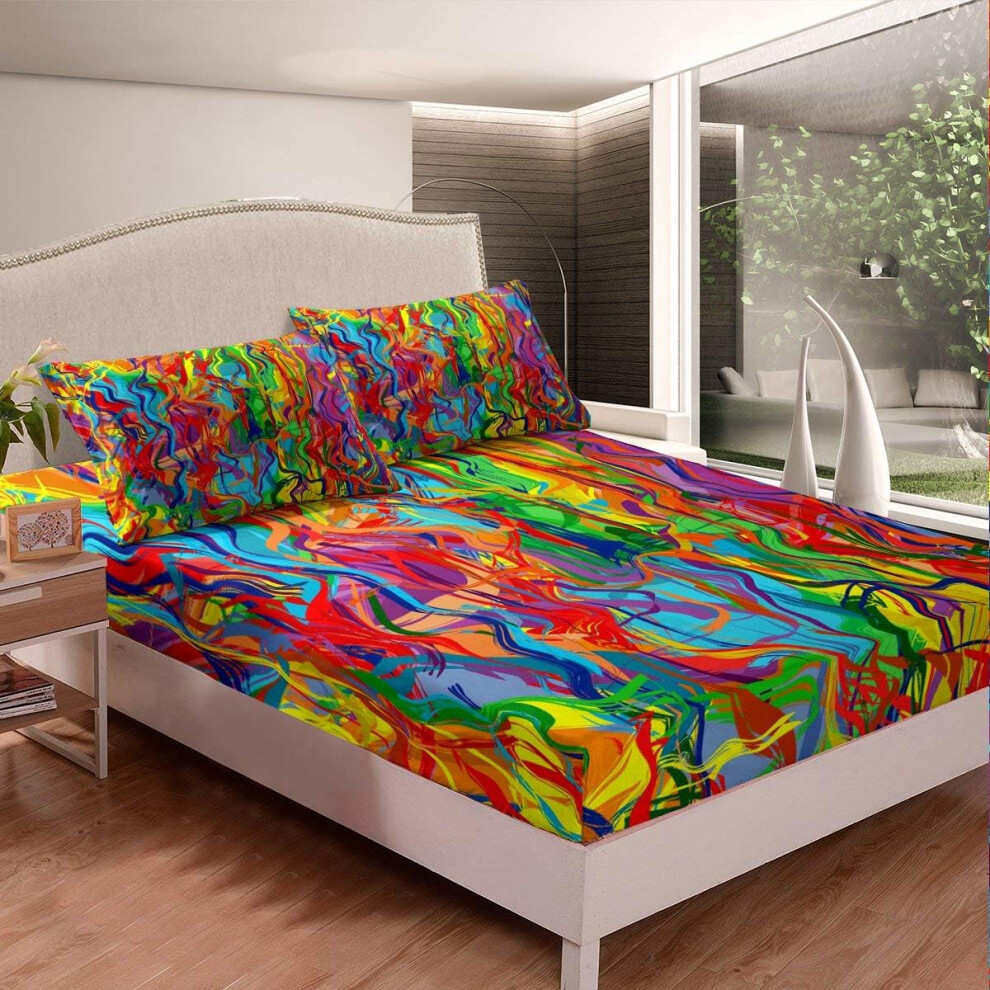 ((No Comforter)) Tie Dye Bedding Decor Set Double Size Gypsy Rainbow Bohemian Striped Fitted Sheet & Pillow Sham Set Psychedelic Fitted Bed Sheets for