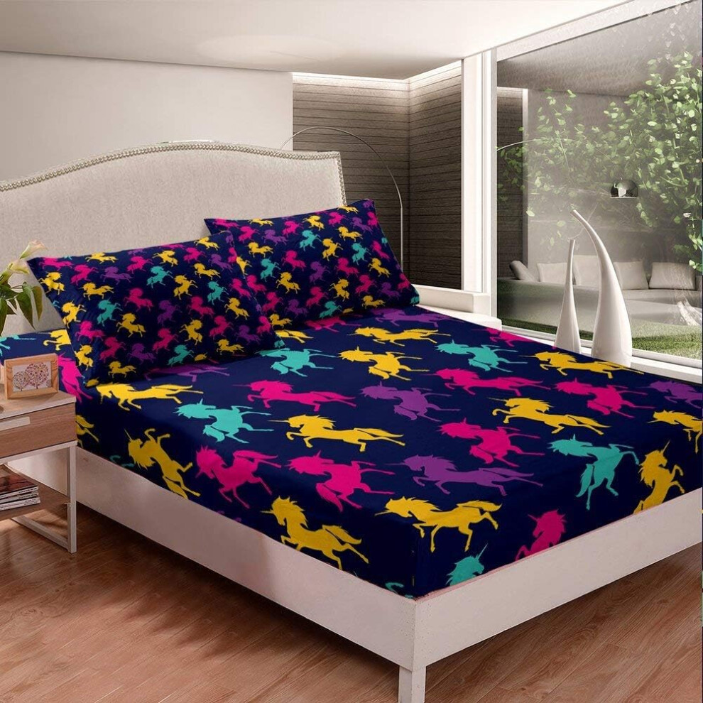 ((No Comforter)) Colorful Unicorn Fitted Sheet & Pillow Sham Set Double Size,Kids Rainbow Horse 3 Piece Bedding Decor Set Cartoon Kawaii Unicorn for Girls,Modern