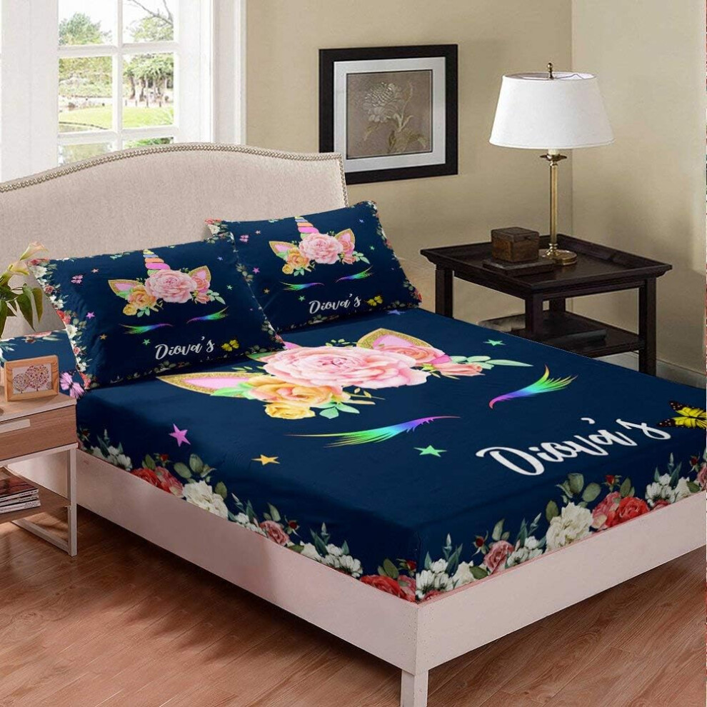 ((No Comforter)) Tbrand Unicorn Fitted Bed Sheets Pink Flower Floral for Kids Teens,Golden Ears Eyelash 3 Piece Bedding Decor Set Cartoon Bedspread Modern Decor (Set